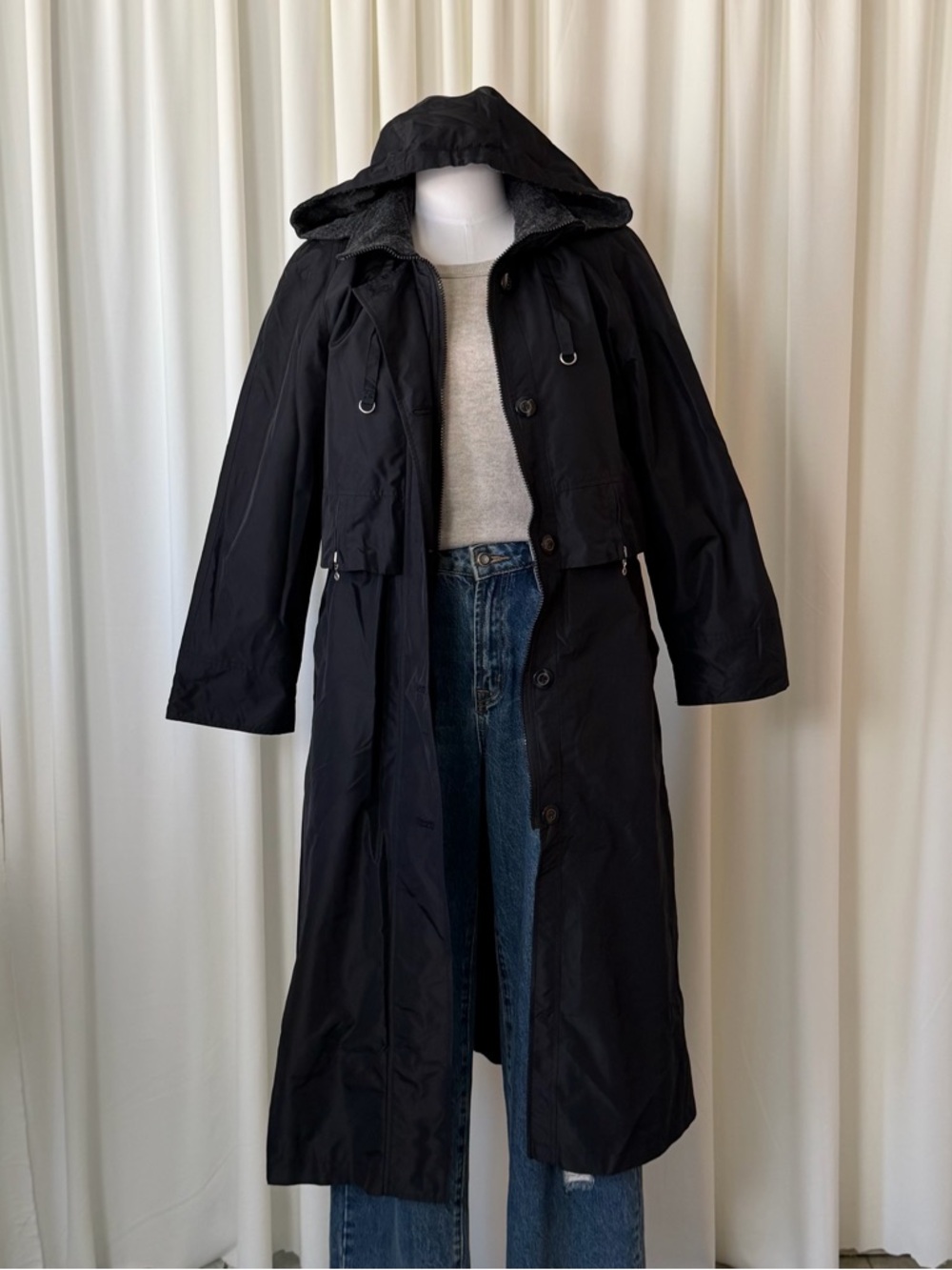 Vintage 1990s Fleet Street Hooded Black Trench Coat Gorpcore size 8Petite. - Picture 6 of 14